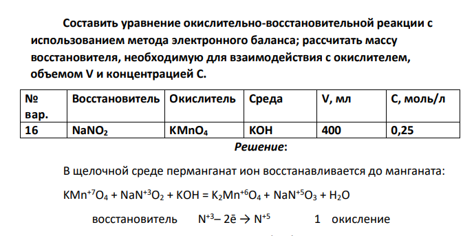Составить уравнение окислительно-восстановительной реакции с использованием метода электронного баланса; рассчитать массу восстановителя, необходимую для взаимодействия с окислителем, объемом V и концентрацией С. № вар. Восстановитель Окислитель Среда V, мл С, моль/л 16 NaNO2 KMnO4 KOH 400 0,25