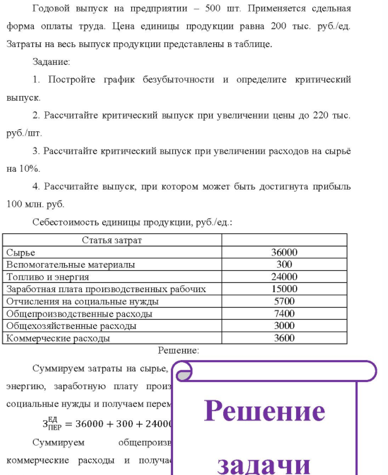 Годовой выпуск на предприятии - 500 шт. Применяется сдельная форма оплаты труда. Цена единицы продукции равна 200 тыс. руб. /ед. Затраты на весь выпуск продукции представлены в таблице. Задание: 1. Постройте график безубыточности и определите
