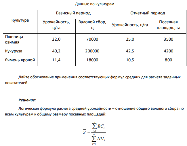 Данные по культурам Культура Базисный период Отчетный период Урожайность, ц/га Валовой сбор, ц Урожайность, ц/га