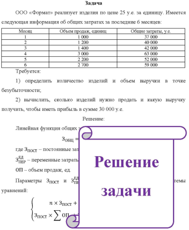 ООО «Формат» реализует изделия по цене 25 у.е. за единицу. Имеется следующая информация об общих затратах за последние б месяцев: