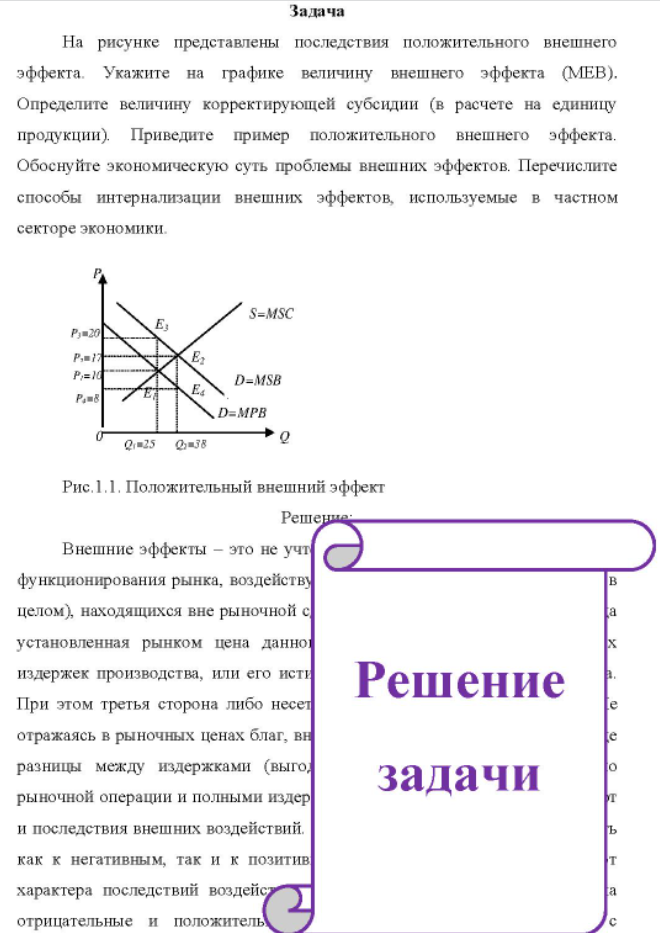 На рисунке представлены последствия положительного внешнего эффекта. Укажите на графике величину внешнего эффекта (МЕВ). Определите величину корректирующей субсидии (в расчете на единицу продукции).