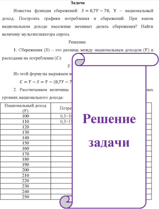 Известна функция сбережений: S = 0,7Y - 70, Y - национальный доход. Построить графики потребления и сбережений.