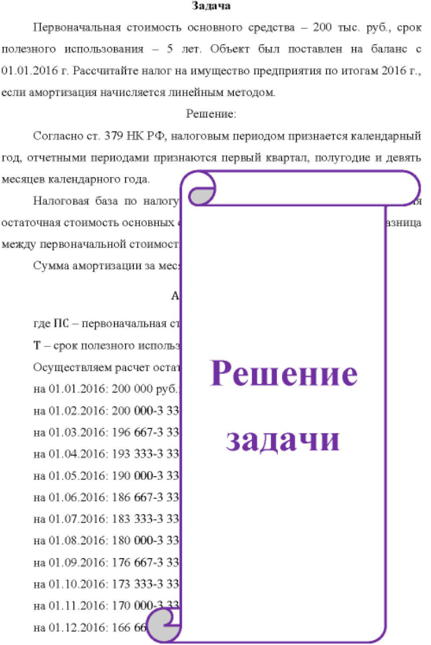 Первоначальная стоимость основного средства - 200 тыс. руб., срок полезного использования - 5 лет. Объект был поставлен на баланс с 01.01.2016 г. Рассчитайте налог на имущество предприятия по итогам 2016 г., если амортизация начисляется линейным методом.