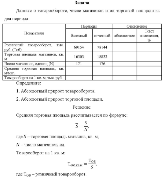 Данные о товарообороте, числе магазинов и их торговой площади за два периода: Периоды Отклонение Показатели Темп базисный отчетный абсолютное изменения, %