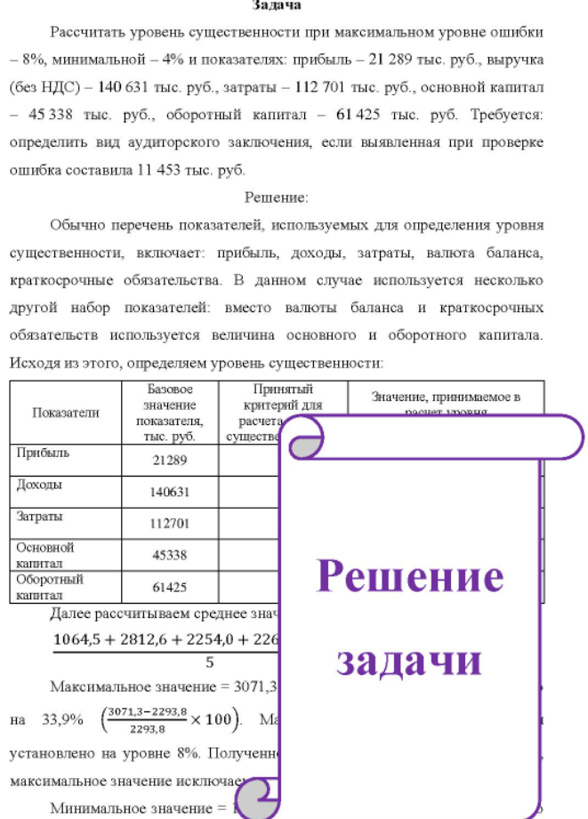 Рассчитать уровень существенности при максимальном уровне ошибки - 8%, минимальной - 4% и показателях: прибыль - 21 289 тыс. руб., выручка (без НДС) - 140 631 тыс. руб. , затраты - 112 701 тыс. руб. , основной капитал - 45 338 тыс. руб., оборотный капитал - 61 425 тыс. руб.