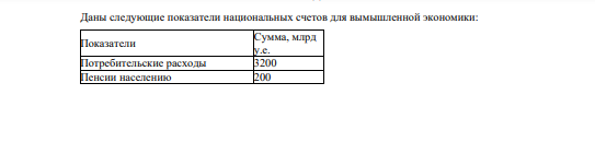 Даны следующие показатели национальных счетов для вымышленной экономики: Показатели Сумма, млрд у.е. Потребительские расходы 3200 Пенсии населению 200