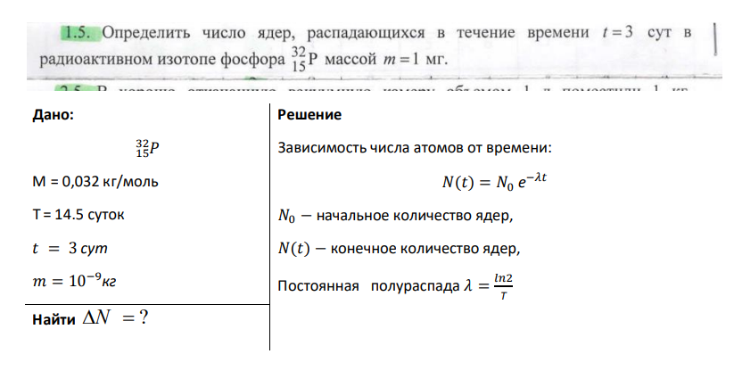 Определить число ядер, распадающихся в течении времени t=3 сут в радиоактивном изотопе фосфора 32/15Р массой m=1 мг