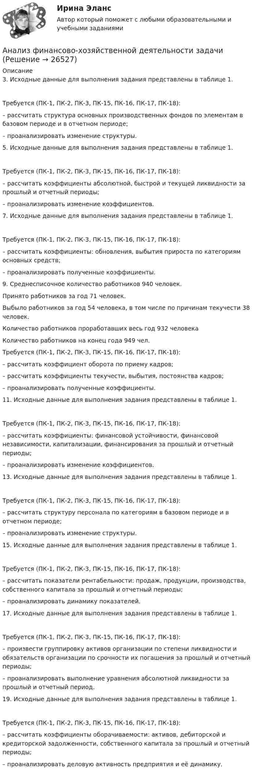     
          Описание
            	3. Исходные данные для выполнения задания представлены в таблице 1.	Требуется (ПК-1, ПК-2, ПК-3, ПК-15, ПК-16, ПК-17, ПК-18): 	–    рассчитать структура основных производственных фондов по элементам в базовом периоде и в отчетном периоде; 	–    проанализировать изменение структуры. 	5. Исходные данные для выполнения задания представлены в таблице 1.	Требуется (ПК-1, ПК-2, ПК-3, ПК-15, ПК-16, ПК-17, ПК-18): 	–      рассчитать коэффициенты абсолютной, быстрой и текущей ликвидности за прошлый и отчетный периоды; 	–      проанализировать изменение коэффициентов.   	7. Исходные данные для выполнения задания представлены в таблице 1.	Требуется (ПК-1, ПК-2, ПК-3, ПК-15, ПК-16, ПК-17, ПК-18): 	–    рассчитать коэффициенты: обновления, выбытия прироста по категориям основных средств; 	–    проанализировать полученные коэффициенты.   	9. Среднесписочное количество работников 940 человек.	Принято работников за год 71 человек.	Выбыло работников за год 54 человека, в том числе по причинам текучести 38 человек.	Количество работников проработавших весь год 932 человека 	Количество работников на конец года 949 чел.	Требуется (ПК-1, ПК-2, ПК-3, ПК-15, ПК-16, ПК-17, ПК-18): 	–     рассчитать коэффициент оборота по приему кадров;	–     рассчитать коэффициенты текучести, выбытия, постоянства кадров;	–     проанализировать полученные коэффициенты. 	11. Исходные данные для выполнения задания представлены в таблице 1.	Требуется (ПК-1, ПК-2, ПК-3, ПК-15, ПК-16, ПК-17, ПК-18): 	–      рассчитать коэффициенты: финансовой устойчивости, финансовой независимости, капитализации, финансирования за прошлый и отчетный периоды; 	–     проанализировать изменение коэффициентов. 	13. Исходные данные для выполнения задания представлены в таблице 1.	Требуется (ПК-1, ПК-2, ПК-3, ПК-15, ПК-16, ПК-17, ПК-18): 	–      рассчитать структуру персонала по категориям в базовом периоде и в отчетном периоде; 	–      проанализировать изменение структуры.   	15. Исходные данные для выполнения задания представлены в таблице 1.	Требуется (ПК-1, ПК-2, ПК-3, ПК-15, ПК-16, ПК-17, ПК-18):	–     рассчитать показатели рентабельности: продаж, продукции, производства, собственного капитала за прошлый и отчетный периоды;	–     проанализировать динамику показателей.    	17. Исходные данные для выполнения задания представлены в таблице 1.	Требуется (ПК-1, ПК-2, ПК-3, ПК-15, ПК-16, ПК-17, ПК-18): 	–      произвести группировку активов организации по степени ликвидности и обязательств организации по срочности их погашения за прошлый и отчетный периоды; 	–      проанализировать выполнение уравнения абсолютной ликвидности за прошлый и отчетный период. 	19. Исходные данные для выполнения задания представлены в таблице 1.	Требуется (ПК-1, ПК-2, ПК-3, ПК-15, ПК-16, ПК-17, ПК-18): 	–      рассчитать коэффициенты оборачиваемости: активов, дебиторской и кредиторской задолженности, собственного капитала за прошлый и отчетный периоды; 	–      проанализировать деловую активность предприятия и её динамику.   
            
            
            Анализ финансово-хозяйственной деятельности гостиничных предприятий - вариант 6  Анализ финансово-хозяйственной деятельности задачиАнализ финансово-хозяйственной деятельности (Кейс 2, СИБИТ)Анализ финансово-хозяйственной деятельности.Контрольная работа КТЭИУ (9 билет)  💯 Анализ финансово-хозяйственной деятельности наукоемких производств в нефтегазохимическом комплексе (ответы на тест Синергия / МОИ / МТИ / МосАП, октябрь 2023)Анализ финансово-хозяйственной деятельности организации💯 Анализ финансово-хозяйственной деятельности (ответы на тест Синергия / МТИ / МосАП, декабрь 2022)Анализ финансовой отчетности тесты, итоговая работаанализ финансово-хозяйственной деятельности   Анализ финансово-хозяйственной деятельности АНАЛИЗ  ФИНАНСОВО-  ХОЗЯЙСТВЕННОЙ  ДЕЯТЕЛЬНОСТИ💯 Анализ финансово-хозяйственной деятельности [11 тем] (ответы на тест Синергия / МТИ / МосАП, май 2023)Анализ финансово-хозяйственной деятельности (2023.г) тест с ответами Синергия/МОИ/ МТИ /МОСАПАнализ финансово-хозяйственной деятельности в наукоемких производств в нефтегазохимическом комплексе (тест с ответами Синергия)