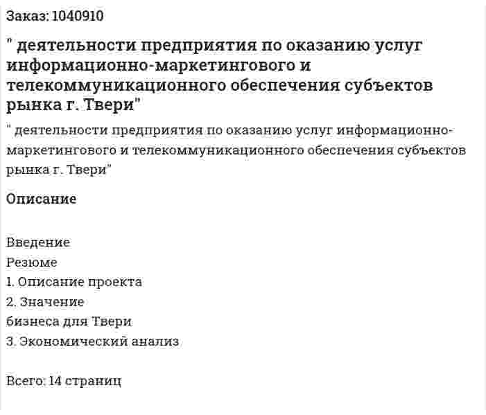 "Бизнес-план деятельности предприятия по оказанию услуг информационно-маркетингового и телекоммуникационного обеспечения субъектов рынка г. Твери" 