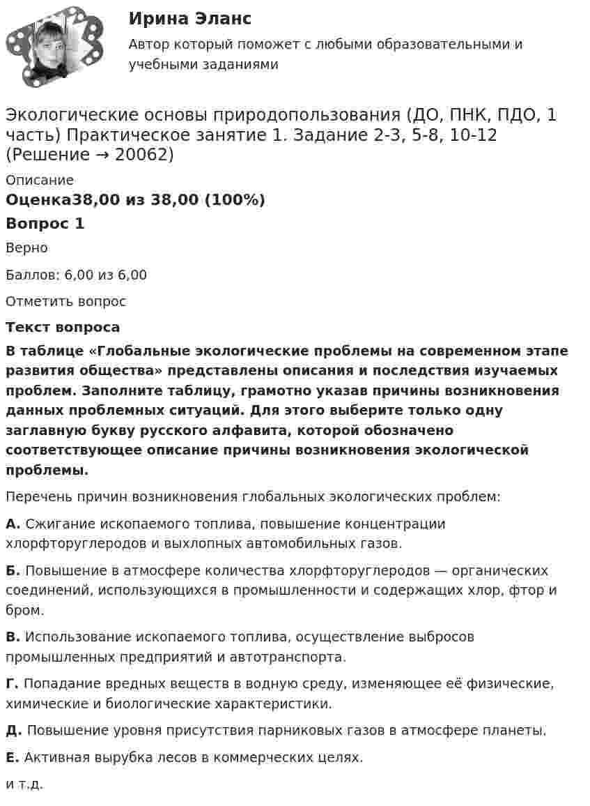     
          Описание
          Оценка38,00 из 38,00 (100%)Вопрос 1ВерноБаллов: 6,00 из 6,00Отметить вопросТекст вопросаВ таблице «Глобальные экологические проблемы на современном этапе развития общества» представлены описания и последствия изучаемых проблем. Заполните таблицу, грамотно указав причины возникновения данных проблемных ситуаций. Для этого выберите только одну заглавную букву русского алфавита, которой обозначено соответствующее описание причины возникновения экологической проблемы. Перечень причин возникновения глобальных экологических проблем:А.  Сжигание ископаемого топлива, повышение концентрации хлорфторуглеродов и выхлопных автомобильных газов.Б.   Повышение в атмосфере количества хлорфторуглеродов — органических соединений, использующихся в промышленности и содержащих хлор, фтор и бром.В.  Использование ископаемого топлива, осуществление выбросов промышленных предприятий и автотранспорта.Г.   Попадание вредных веществ в водную среду, изменяющее её физические, химические и биологические характеристики.Д.  Повышение уровня присутствия парниковых газов в атмосфере планеты.Е.   Активная вырубка лесов в коммерческих целях.и т.д.  
            
            
            Экологические основы природопользования (ДО, ПНК, ПДО, 1 часть) Практическое занятие 1. Задание 1 Экологические основы природопользования (ДО, ПНК, ПДО, 1 часть) Практическое занятие 1. Задание 2-3, 5-8, 10-12Экологические основы природопользования (ДО, ПНК, ПДО, 1 часть)  Практическое занятие 1. Задание 2-3, 5-8, 10-12Экологические основы природопользования (ДО, ПНК, ПДО, 1 часть) Практическое занятие 1. Задание 2-3, 5-8, 10-12Экологические основы природопользования (ДО, ПНК, ПДО, 1 часть) Практическое занятие 1. Задание 2-3, 5-8, 10-12Экологические основы природопользования (ДО, ПНК, ПДО, 1 часть) Практическое занятие 1. Задание 4Экологические основы природопользования (ДО, ПНК, ПДО, 1 часть) Практическое занятие 1. Задание 4Экологические основы природопользования (ДО, ПНК, ПДО, 1 часть)Экологические основы природопользования (ДО, ПНК, ПДО, 1 часть)Экологические основы природопользования (ДО, ПНК, ПДО, 1 часть)Экологические основы природопользования (ДО, ПНК, ПДО, 1 часть)Экологические основы природопользования (ДО, ПНК, ПДО, 1 часть)Экологические основы природопользования (ДО, ПНК, ПДО, 1 часть)Экологические основы природопользования (ДО, ПНК, ПДО, 1 часть) Итоговое тестирование по дисциплине