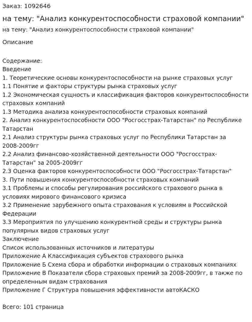 Дипломная работа на тему: "Анализ конкурентоспособности страховой компании" 