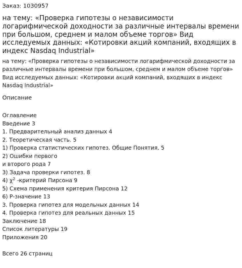 Курсовая работа на тему:  «Проверка гипотезы о независимости логарифмической доходности за различные интервалы времени при большом, среднем и малом объеме торгов»  Вид исследуемых данных:  «Котировки акций компаний, входящих в индекс Nasdaq Industrial» 