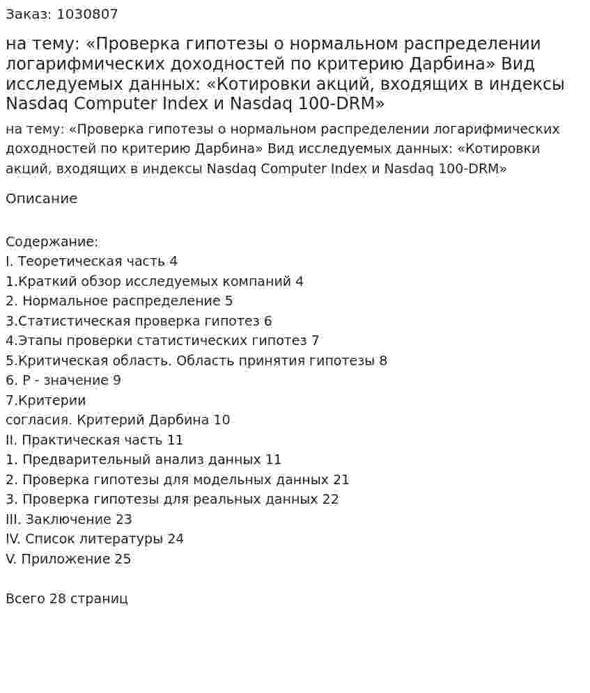 Курсовая работа на тему:  «Проверка гипотезы о нормальном распределении логарифмических доходностей по критерию Дарбина»  Вид исследуемых данных:  «Котировки акций, входящих в индексы Nasdaq Computer Index и Nasdaq 100-DRM» 