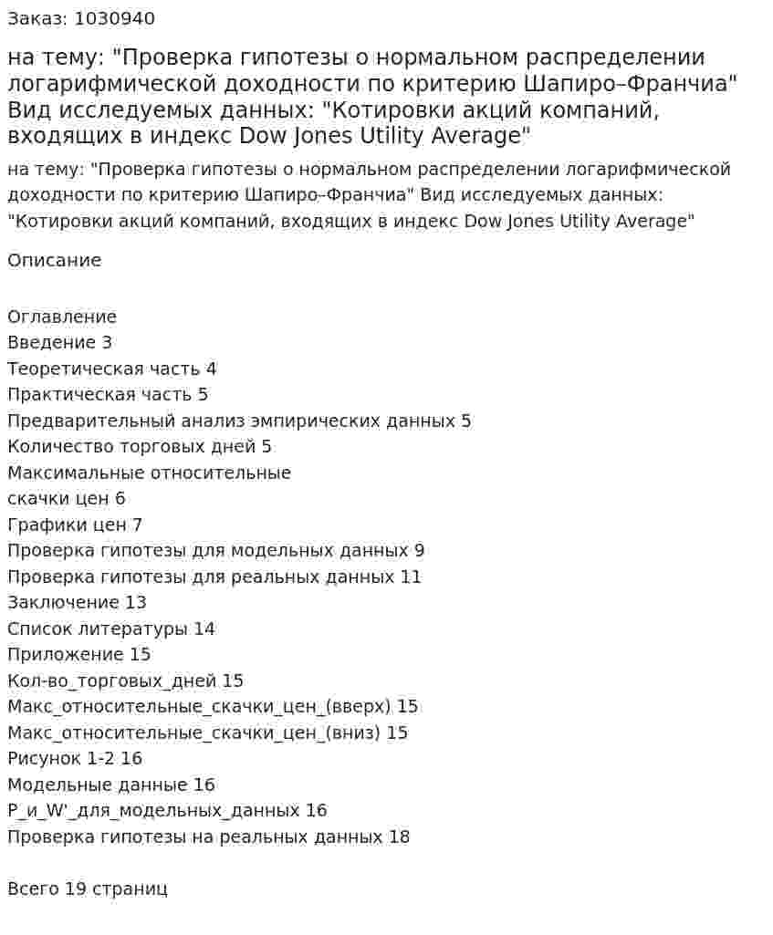 Курсовая работа на тему: "Проверка гипотезы о нормальном распределении логарифмической доходности по критерию Шапиро–Франчиа"   Вид исследуемых данных:  "Котировки акций компаний, входящих в индекс Dow Jones Utility Average"  