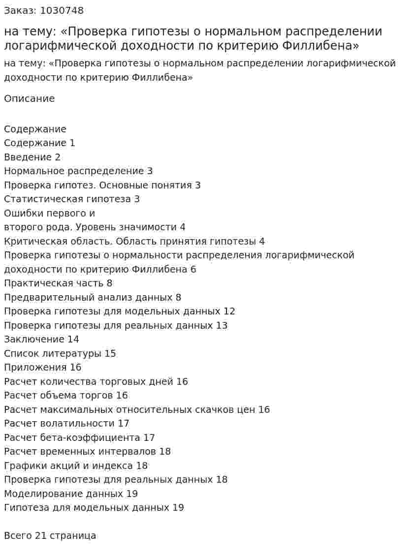 Курсовая работа на тему:  «Проверка гипотезы о нормальном распределении  логарифмической доходности по критерию Филлибена»                  