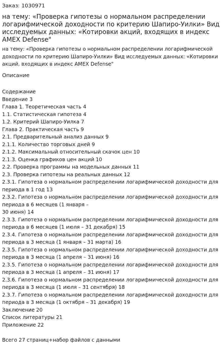 Курсовая работа на тему:  «Проверка гипотезы о нормальном распределении логарифмической  доходности по критерию Шапиро-Уилки»  Вид исследуемых данных:  «Котировки акций, входящих в индекс AMEX Defense" 