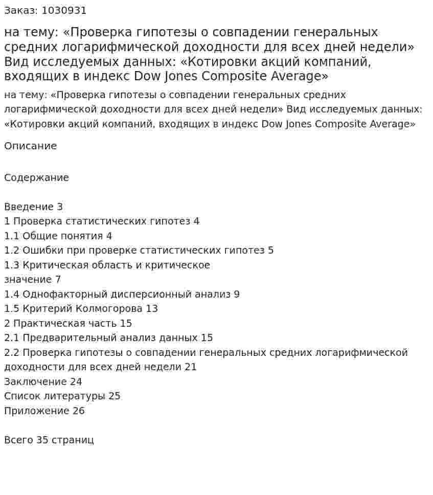 Курсовая работа на тему:  «Проверка гипотезы о совпадении генеральных средних логарифмической доходности для всех дней недели»  Вид исследуемых данных:  «Котировки акций компаний, входящих в индекс Dow Jones Composite Average»   