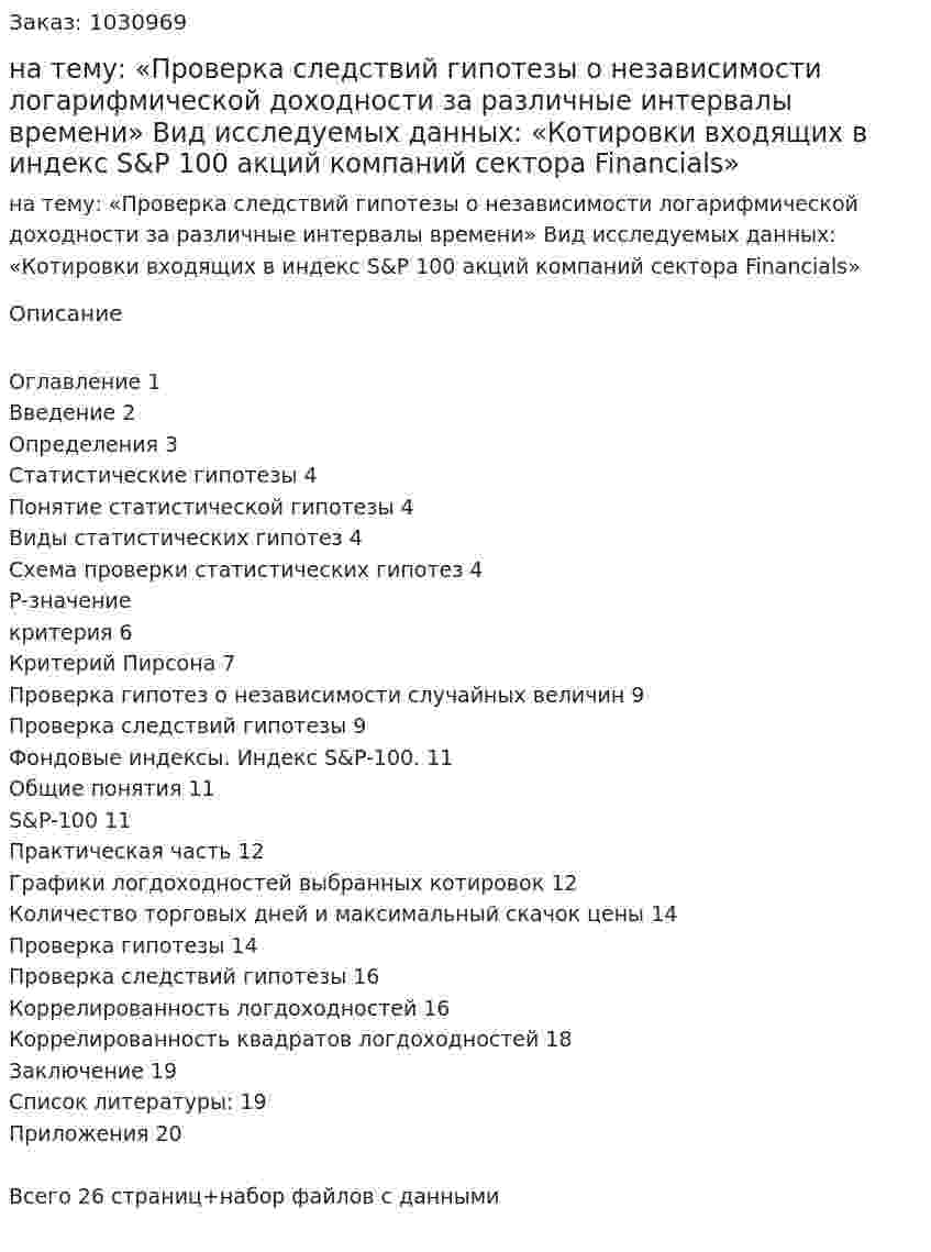 Курсовая работа на тему:  «Проверка следствий гипотезы о независимости логарифмической доходности за различные интервалы времени»   Вид исследуемых данных:  «Котировки входящих в индекс S&amp;P 100 акций компаний  сектора Financials» 