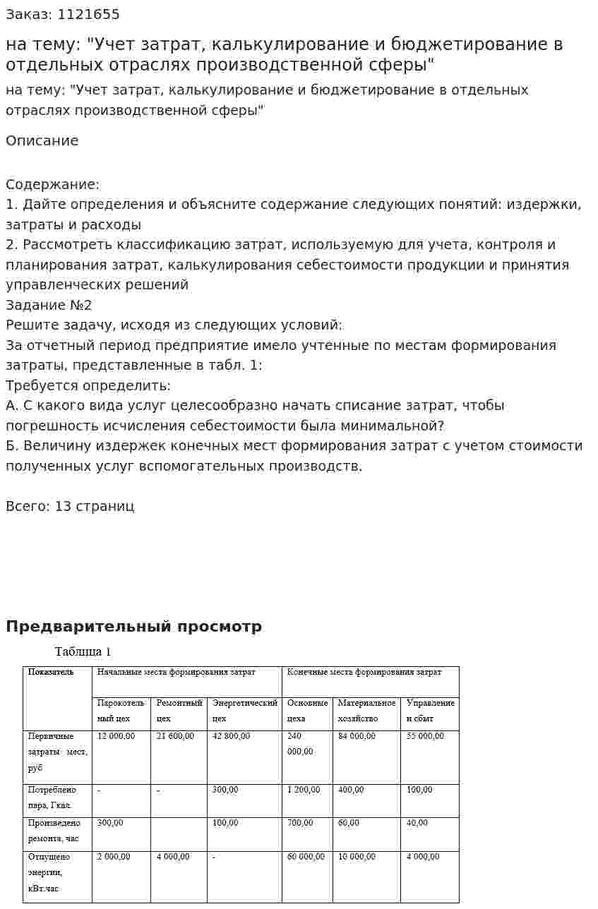 Контрольная работа на тему: "Учет затрат, калькулирование и бюджетирование в отдельных отраслях производственной сферы" 