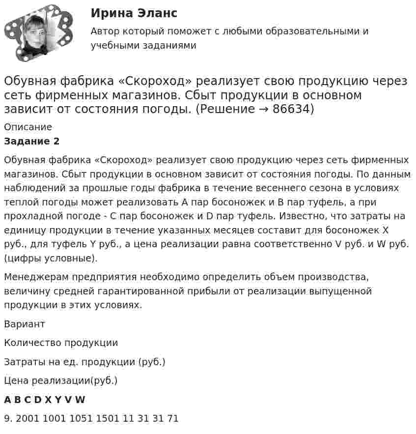      
            Описание
             Задание 2	Обувная фабрика «Скороход» реализует свою продукцию через сеть фирменных магазинов. Сбыт продукции в основном зависит от состояния погоды. По данным наблюдений за прошлые годы фабрика в те­чение весеннего сезона в условиях теплой погоды может реализовать A пар босоножек и B пар туфель, а при прохладной погоде - С пар босоножек и D пар туфель. Известно, что затраты на единицу продукции в течение указанных месяцев составит для босоножек Х руб., для туфель Y руб., а цена реализации равна соответственно V руб. и W руб. (цифры условные).	Менеджерам предприятия необходимо определить объем производства, величину средней гарантированной прибыли от реализации выпущенной продукции в этих условиях.   Вариант Количество продукции  Затраты на ед. продукции (руб.) Цена реализации(руб.)   A B C D X Y V  W   9.  2001 1001 1051 1501 11 31 31 71    
            
            
            Обстоятельства, которые привели к столкновению двух сторон, – это … конфликта	Обувная фабрика «Скороход» реализует свою продукцию через сеть фирменных магазинов. Сбыт продукции в основном зависит от состояния погоды. О Будапеште - Одним из красивейших европейских городов, поистине заслуживших такой титул можно назвать Будапешт, столицу Венгерской республики90Обусловленность индивидуальных различийОбусловленные законом, иным нормативным правовым актом, договором или соглашением обязанности публично-правового образования предоставить физическому или юридическому лицу, иному публично-правовому образованию, субъекту международного права средстваОбучающая выборка, при которой для каждого примера в явном виде задается значение классообразующего признака, называется выборкой …Обучающая выборка, при которой система по степени близости значений признаков классификации сама выделяет классы ситуаций, называется выборкой…Обследование и испытание зданий и сооружений. Промежуточный тест 1. ТГУ РОСДИСТАНТОбследование и испытание зданий и сооружений. Промежуточный тест 3. ТГУ РОСДИСТАНТОбследование и испытание зданий и сооружений. Промежуточный тест 4. ТГУ РОСДИСТАНТОбследование и испытание зданий и сооружений. Промежуточный тест 5. ТГУ РОСДИСТАНТОбследование и испытание зданий и сооружений. Росдистант. ТГУ. Итоговый тест с ответами. 40/40Обследование и усиление элементов зданий (тест с ответами) 80%Обстоятельства, влияющие на спрос и вызывающие его изменение, – это … спроса