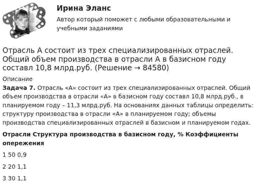      
            Описание
            Задача 7. Отрасль «А» состоит из трех специализированных отраслей. Общий объем производства в отрасли «А» в базисном году составл 10,8 млрд.руб., в планируемом году – 11,3 млрд.руб. На основаниях данных таблицы определить: структуру производства в отрасли «А» в планируемом году; объемы производства специализированных отраслей в базисном и планируемом годах.Отрасли Структура производства в базисном году, % Коэффициенты опережения1 50 0,92 20 1,13 30 1,1   
            
            
            Отрасли психологии, психологические практики и психологические службы (тест с ответами Синергия/МОИ/ МТИ /МОСАП) Отрасль А состоит из трех специализированных отраслей. Общий объем производства в отрасли А в базисном году составл 10,8 млрд.руб.Отрасль состоит из трех подотраслей А, Б, В. Объем производства валовой продукции в отрасли в базисном году составил 177,5 млрд.руб., Отрезок времени между началом первого и завершающего частного потока, называется периодом:Отрицательная разница между доходами фирмы и ее расходами – это …Отрицательный заряд q1 = -5q и положительный q2 = +2q закреплены на расстоянии L друг от друга. Где на линии, соединяющей заряды, следует поместить положительный заряд q, чтобы он находился в равновесии?От самолёта, летящего горизонтально со скоростью 500 м/с, оторвался предмет. Чему равны нормальное и тангенциальное ускорения предмета через 50 с после начала падения? Сопротивление воздуха не учитывать.Отраслевая организация, когда отрасль представлена одной фирмой – единственным поставщиком продукта, не имеющего близких товаровзаменителей – это … Отраслевая специфика в управлении персоналом (тест с ответами Синергия/МОИ/ МТИ /МОСАП)💯 Отраслевая специфика управления персоналом (ответы на тесты Синергия / МТИ / МосАП, август 2022)🌞Отраслевая специфика управления персоналом ответы Синергия / МТИ / МосАП. 2022 Новый сборник из 80 ответов (97/100)Отраслевая специфика управления персоналом. Синергия. На отлично!Отраслевая специфика управления персоналом. Синергия. На отлично!Отраслевая стратегия «снятия сливок» характеризуется тем, что компания ...