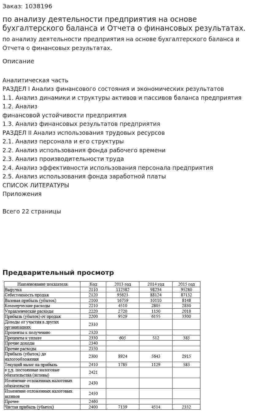 Контрольная работа по анализу деятельности предприятия на основе бухгалтерского баланса и Отчета о финансовых результатах. 