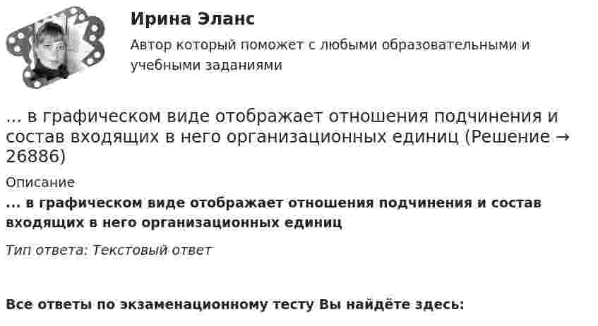      
          Описание
          ... в графическом виде отображает отношения подчинения и состав входящих в него организационных единицТип ответа: Текстовый ответ﻿Все ответы по экзаменационному тесту Вы найдёте здесь:   
            
            
            В Государственную Думу поступил проект Федерального Конституционного закона о Федеральном Собрании и проект Федерального Конституционного Закона о преобразовании Нижегородской области... в графическом виде отображает отношения подчинения и состав входящих в него организационных единицВ группе 11 юношей и 13 девушек. Для дежурства случайным образом отобраны три студента. Найдите вероятность того, что среди дежурных будет хотя бы одна девушка. Задача 2В группу процессов планирования (по ГОСТ Р ИСО 21500:2014) входит, в частности, … (укажите 2 варианта ответа)В группу процессов планирования (по ГОСТ Р ИСО 21500:2014) входит, в частности, … (укажите 2 варианта ответа)В ГУ МВД России по г. Москве поступило розыскное задание из Главного управления внутренних дел г. Тирасполь МВД Приднестровской Молдавской Республики (Далее ПМР). В розыскном задании предлагалось осуществить задержание гражданина Республики Молдовы В данное отверстие можно ввернуть стержень ТулГУВ горизонтальное магнитное поле помещён проводник перпендикулярно силовым линиям поля. Какой ток должен идти через проводник, чтобы он висел, не падая, если индукция поля 10 мТл, а масса проводника 100 мг на 1 см длины?В горизонтальной плоскости вокруг вертикальной оси вращается тонкий стержень длиной 0,5 м и массой 1 кг. Симметрично оси вращения, проходящей через середину стержня, на расстоянии 10 см от неё, на стержне расположены два небольших В городе А планируется провести в ближайшие 2-3 года крупное международное спортивное мероприятие. В городе Городец Нижегородской области был принят Устав города, содержащий положение о том, что мэр города назначается представительным органом местного самоуправления, из числа кандидатов, предложенных главой местного самоуправления В городе Свободный численность населения (S)=100 000 чел, умерло (М)=2000 чел. Рассчитайте общий коэффициент смертностиВ городе Сыктывкар численность населения (Н)=250 000 чел. Родилось (Р)=3000 чел. Умерло (С)=2500. Рассчитать естественный прирост населенияВ городе три коммерческих банка, оценка надежности которых 0.95, 0.90 и 0.85. В связи с определением хозяйственных перспектив развития города администрацию интересует ответ на следующий вопрос