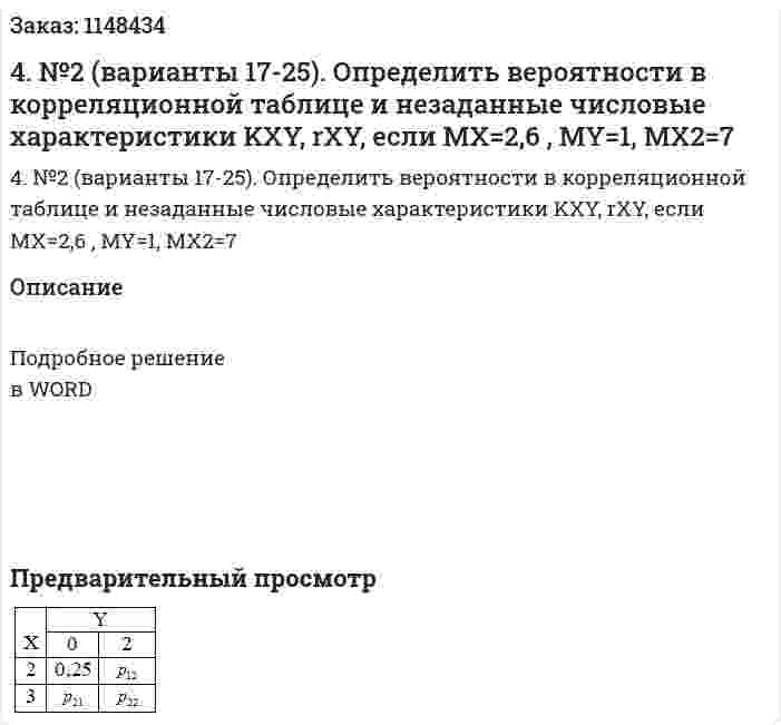 4.  №2 (варианты 17-25). Определить вероятности в корреляционной таблице и незаданные числовые характеристики KXY, rXY, если  MX=2,6 , MY=1, MX2=7