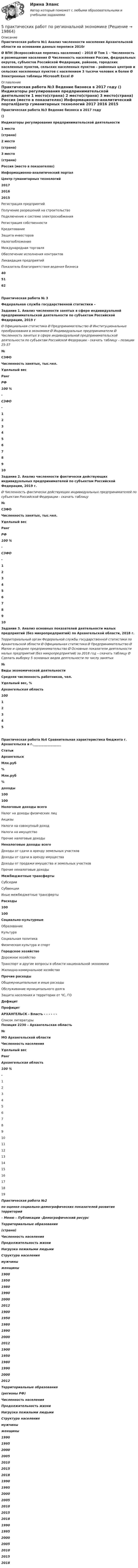     
          Описание
          Практическая работа №1 Анализ численности населения Архангельской области на основании данных переписи 2010г Ø ВПН (Всероссийская перепись населения) – 2010 Ø Том 1 – Численность и размещение населения Ø Численность населения России, федеральных округов, субъектов Российской Федерации, районов, городских населенных пунктов, сельских населенных пунктов – районных центров и сельских населенных пунктов с населением 3 тысячи человек и более Ø Электронные таблицы Microsoft Excel Ø  
          Оглавление
          Практическая работа №3 Ведение бизнеса в 2017 году  () Индикаторы регулирования предпринимательской деятельности 1 место(страна) 2 место(страна) 3 место(страна) Россия (место в показателях) Информационно-аналитический порталЦентр гуманитарных технологий 2017 2016 2015   Регистрация предприятий         Получение разрешений на строительство         Подключение к системе электроснабжения         Регистрация собственности         Кредитование          Защита инвесторов          Налогообложение          Международная торговля         Обеспечение исполнения контрактов         Ликвидация предприятий       Показатель благоприятствия ведения бизнеса    40 51 62 Практическая работа № 3Федеральная служба государственной статистики –  Задание 1. Анализ численности занятых в сфере индивидуальной предпринимательской деятельности по субъектам Российской Федерации, 2019 гØ Официальная статистика Ø Предпринимательство Ø Институциональные преобразования в экономике Ø Индивидуальные предприниматели Ø Численность занятых в сфере индивидуальной предпринимательской деятельности по субъектам Российской Федерации - скачать таблицу – позиции 25-37 № СЗФО Численность занятых, тыс.чел. Удельный вес Ранг РФ   100 % - СЗФО     - 1         2         3         4         5         6         7         8         9         10          Задание 2. Анализ численности фактически действующих индивидуальных предпринимателей по субъектам Российской Федерации, 2019 г.Ø Численность фактически действующих индивидуальных предпринимателей по субъектам Российской Федерации - скачать таблицу № СЗФО Численность занятых, тыс.чел. Удельный вес Ранг РФ   100 % - СЗФО     - 1         2         3         4         5         6         7         8         9         10         Задание 3. Анализ основных показателей деятельности малых предприятий (без микропредприятий) по Архангельской области, 2018 г. Территориальный орган Федеральной службы государственной статистики по Архангельской области Ø Официальная статистика Ø Предпринимательство Ø Малое и среднее предпринимательство Ø Основные показатели деятельности малых предприятий (без микропредприятий) за 2018 год – скачать таблицу Ø Сделать выборку 5 основных видов деятельности по числу занятых  № Виды экономической деятельности Средняя численность работников, чел. Удельный вес, % Архангельская область   100 1       2       3       4       5        Практическая работа №4 Сравнительная характеристика бюджета г. Архангельска и г.__________________ Статьи Архангельск   Млн.руб % Млн.руб % доходы   100   100 Налоговые доходы всего           Налог на доходы физических лиц       Акцизы       Налоги на совокупный доход       Налоги на имущество       Прочие налоговые доходы     Неналоговые доходы всего           Доходы от сдачи в аренду земельных участков       Доходы от сдачи в аренду имущества       Доходы от продажи имущества и земельных участков       Прочие неналоговые доходы     Межбюджетные трансферты           Субсидии       Субвенции       Иные межбюджетные трансферты     Расходы   100   100 Социально-культурные       Образование       Культура       Социальная политика       Физическая культура и спорт     Городское хозяйство       Дорожное хозяйство       Транспорт и другие вопросы в области национальной экономики       Жилищно-коммунальное хозяйство     Прочие расходы       Общемуниципальные и иные расходы       Обслуживание муниципального долга       Защита населения и территории от ЧС, ГО     Дефицит     Профицит     АРХАНГЕЛЬСК  - Власть  -  -  -   -  -  -  
          Список литературы
          Позиция 2230 – Архангельская область № МО Архангельской области Численность населения Удельный вес Ранг Архангельская область   100 % -   1          2          3          4          5          6          7          8          9          10          11          12          13          14          15          16          17          18          19          Практическая работа №2 по оценке социально-демографических показателей развития территорий – Меню – Публикации -Демографический ресурс Территориальные образования(страна) Численность населения Продолжительность жизни Нагрузка пожилыми людьми Структура населения  мужчины  женщины   1900           1950           1980           1990           2000           2012             1900           1950           1980           1990           2000           2012             1900           1950           1980           1990           2000           2012                     Территориальные образования(регионы РФ) Численность населения Продолжительность жизни Нагрузка пожилыми людьми Структура населения  мужчины  женщины   1990           1995           2000           2005           2010           2015           2018             1990           1995           2000           2005           2010           2015         2018           1990           1995      2000           2005           2010   2015   2018           
            
            
            5 полезных привычек которые возможно, улучшат вашу жизнь5 практических работ по региональной экономике5. Приведите формулировки основных стехиометрических законов химии. В чем особенность современного подхода к закону сохранения массы и закону постоянства состава? Сделайте расчет и заполните пропуски в таблице.5. Сколько теплоты выделится при сжигании 38 г сероуглерода CS₂(г) до CO₂ и SO₂ ?  Ответ: Qр-ции =552,0 кДж.5. Скорость звука в воде 1400 м/с. На каком расстоянии находятся ближайшие точки, совершающие колебания в противоположных фазах, если частота колебаний 100 Гц?5 способов стимуляции родов5 Тестов Основы разработки нефтяных и газовых месторождений ТИУ[5 из 5 баллов] Установите соответствие между видами программного обеспечения по назначению:[5 из 5 баллов] Установите соответствие между наименованием отравляющего химического вещества и сферы его применения.[5 из 5 баллов] Установите соответствие между формой времени глагола и значением, которое она выражает: к каждой позиции, данной в первом столбце, подберите соответствующую позицию из второго столбца:[5 из 5]  Укажите варианты ответов, в которых верно определена грамматическая основа в одном из предложений или в одной из частей сложного предложения текста. [5 из 5] Укажите варианты ответов, в которых в обоих словах одного ряда пропущена одна и та же буква. Запишите номера ответов.5 модулей по Инвестициям и инвестиционной деятельности 1.Опишите различные точки зрения в отношении природы инвестиций. Дайте определение инвестиций, которое с вашей точки зрения наиболе5. Оксид трехвалентного элемента содержит 31,58% кислорода. Вычислите молярную массу эквивалента, молярную и атомную массы этого элемента.