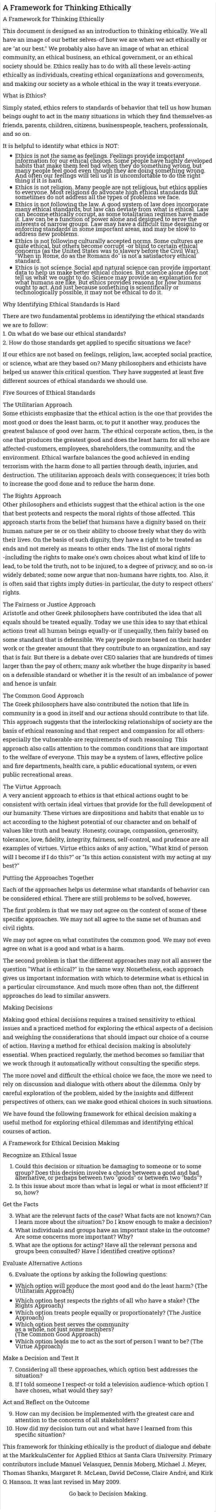 A Framework for Thinking Ethically