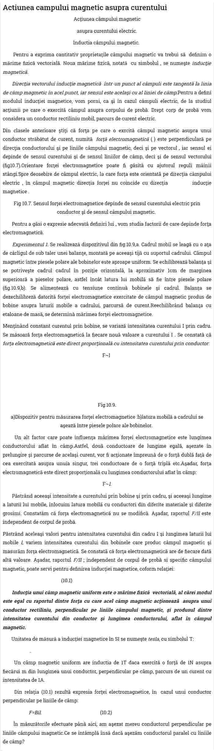 Actiunea campului magnetic asupra curentului