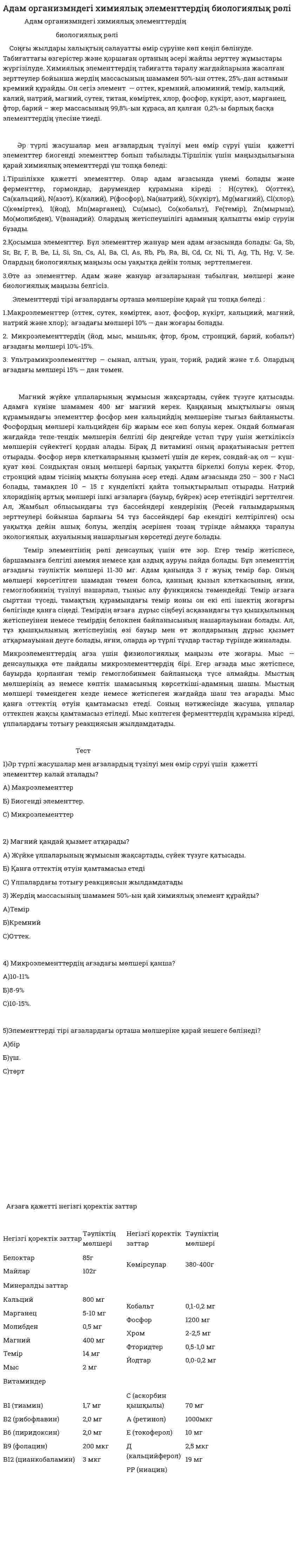 Адам организмндегі химиялық элементтердің биологиялық рөлі