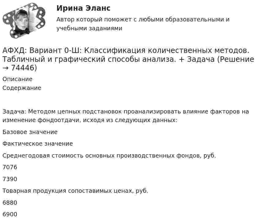     
            Описание
            СодержаниеЗадача:  	Методом цепных подстановок проанализировать влияние факторов на изменение фондоотдачи, исходя из следующих данных: Базовое значение Фактическое значение   Среднегодовая стоимость основных производственных фондов, руб. 7076 7390   Товарная продукция сопоставимых ценах, руб. 6880 6900    
            
            
            АФХД. Анализ производственных результатов работы предприятияАФХД: Вариант 0-Ш: Классификация количественных методов.  Табличный и графический способы анализа. + ЗадачаАФХД. Основы анализа и диагностики финансово – хозяйственной деятельности предприятияАФХД: Понятие экономической информации и ее значение. История развития экономического анализа деятельности предприятий. + Задача: Способом относительных разностей определить влияние факторов на результативный показательАциклические насыщенные углеводороды - это ...Ациклические насыщенные углеводороды – это …Ациклические ненасыщенные углеводороды - это ...Аудит (часть 2).Тема 7. Аудиторская проверка учета расчетных и кре..Аудит (часть 2). Тема 8. Аудиторская проверка учета финансовых резу...Аудит (часть 2).Тема 9. Аудиторская проверка бухгалтерской отчетности Аудит [экзамен] (тест с ответами МФЮА/МФЮУ на сайте https://moi.mfua.ru/login/index.php)Аутентификация пользователей на основе их способности к запоминанию отображаемой на короткое время на экране информацииАутентификация пользователей на основе модели «рукопожатия»Аутентификация пользователей по их клавиатурному почерку