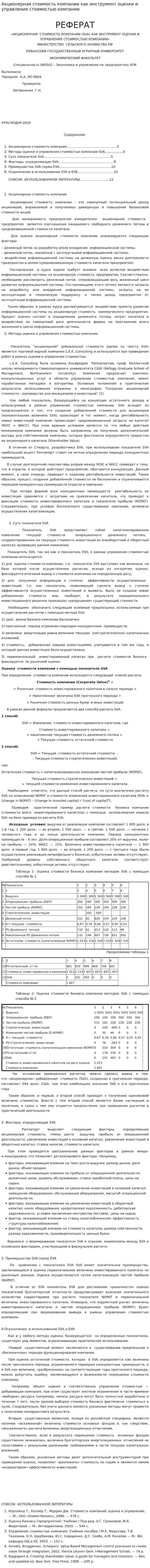 Акционерная стоимость компании как инструмент оценки и управления стоимостью компании