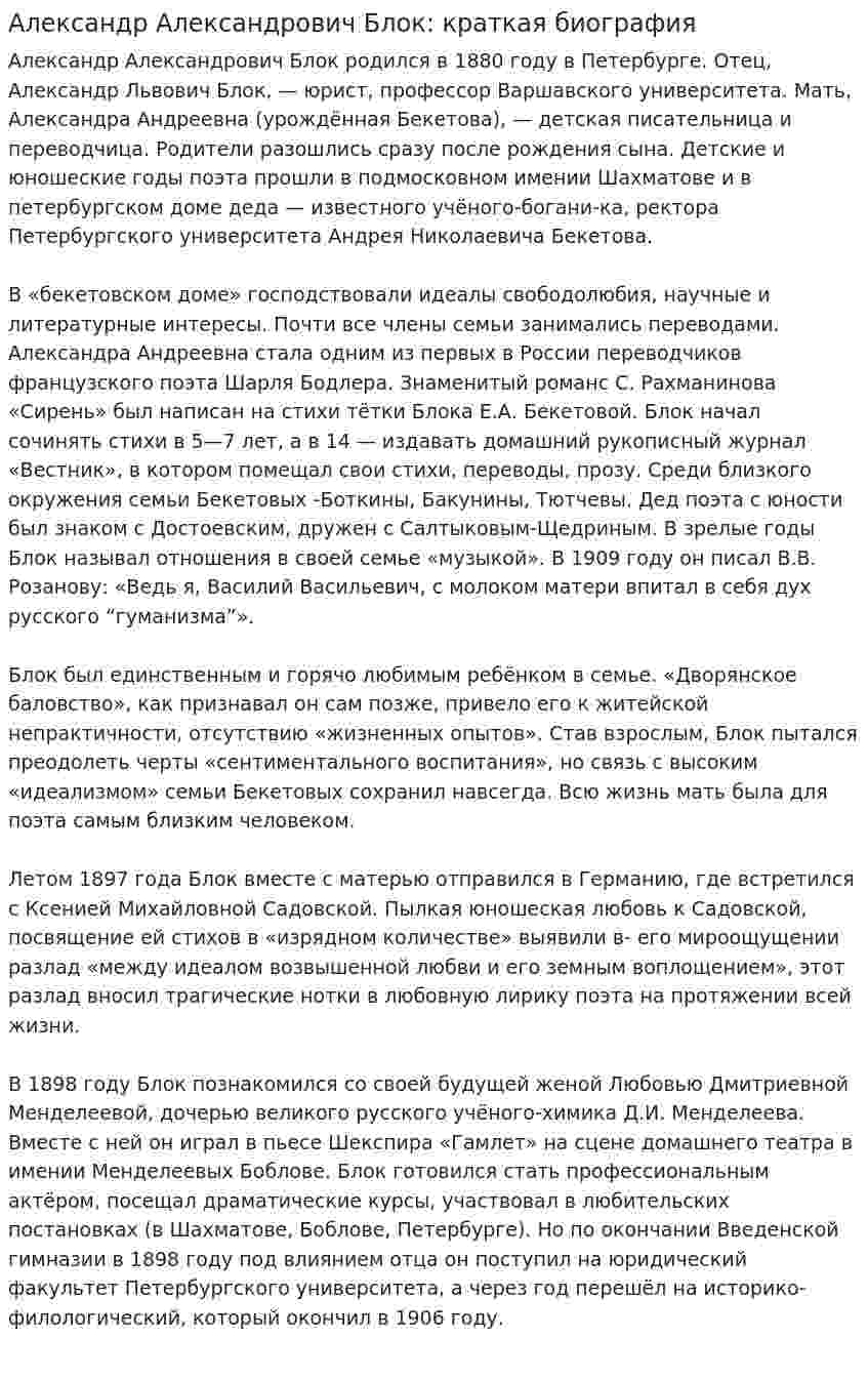 Александр Александрович Блок: краткая биография