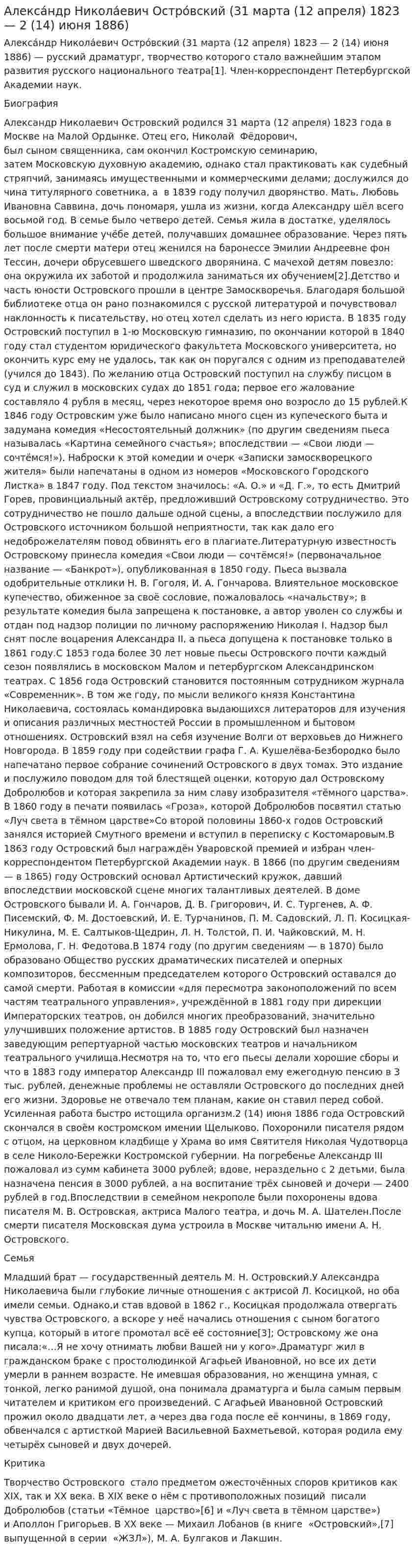 Алекса́ндр Никола́евич Остро́вский (31 марта (12 апреля) 1823 — 2 (14) июня 1886)