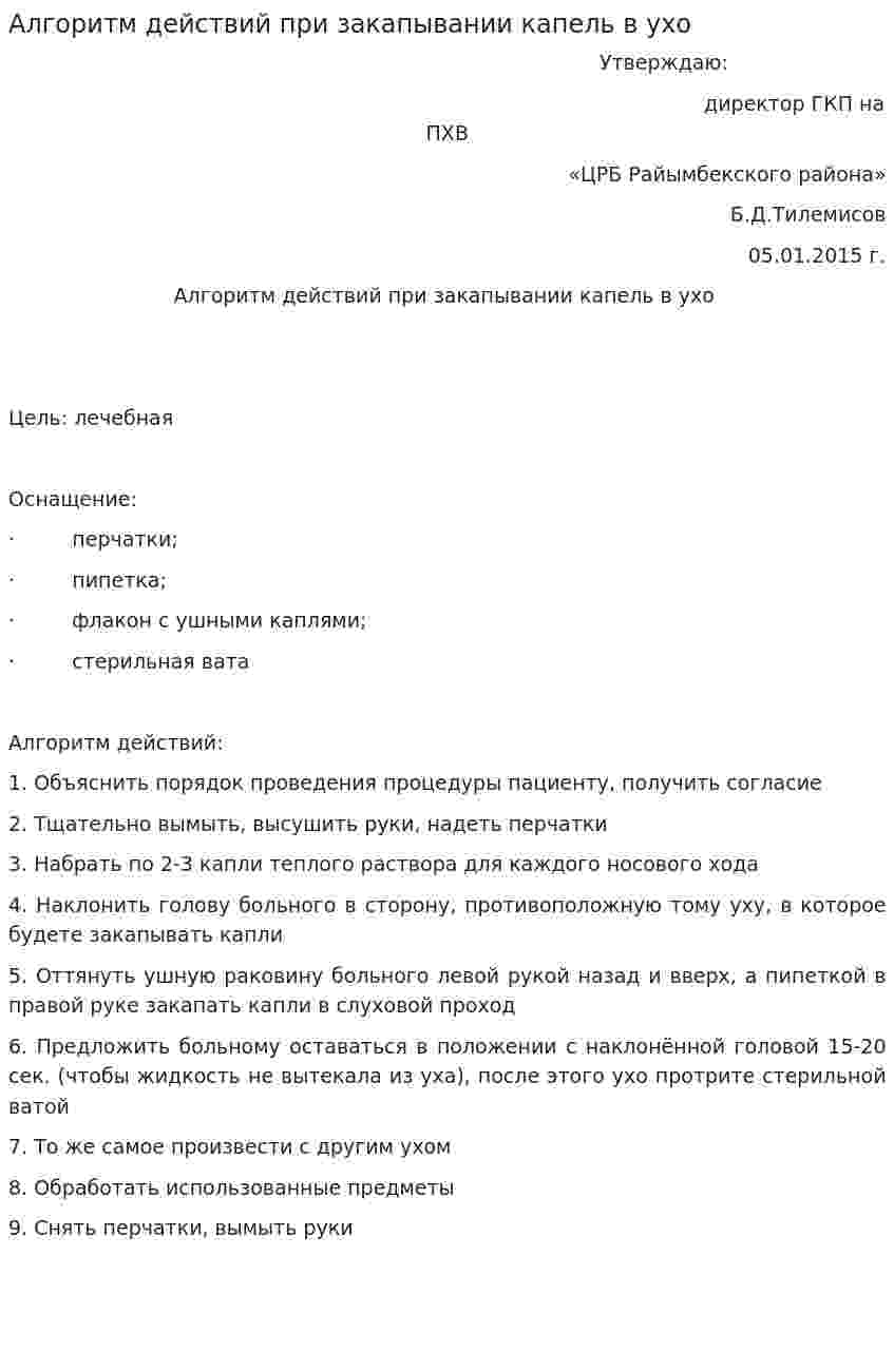 Алгоритм действий при закапывании капель в ухо