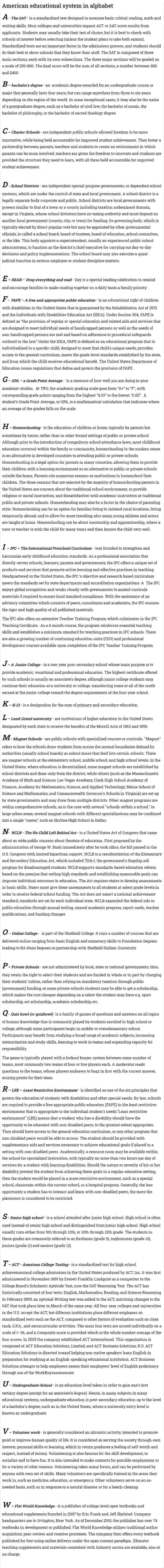 American educational system in alphabet
