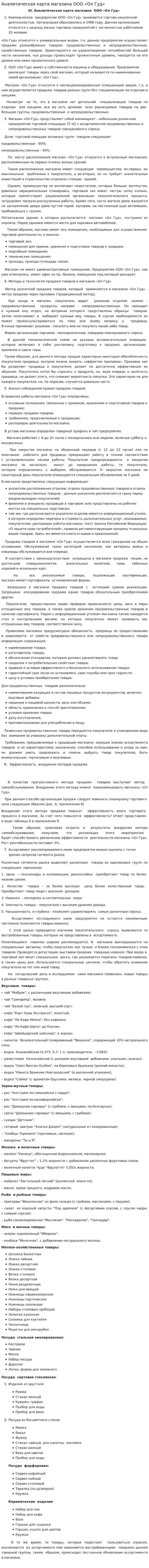 Аналитическая карта магазина ООО «Ол Гуд»