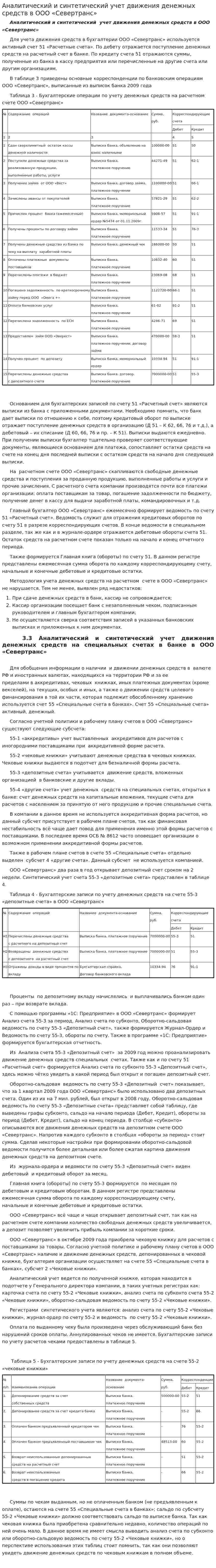 Аналитический и синтетический учет движения денежных средств в ООО «Севертранс»