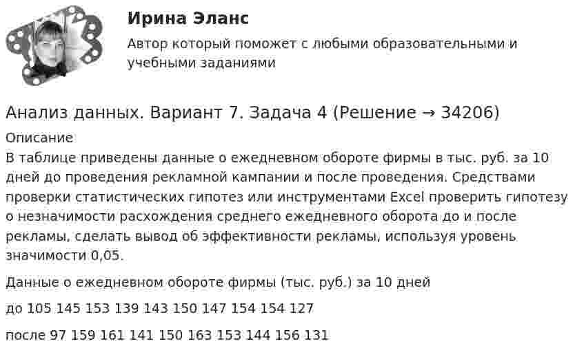      
          Описание
          В таблице приведены данные о ежедневном обороте фирмы в тыс. руб. за 10 дней до проведения рекламной кампании и после проведения. Средствами проверки статистических гипотез или инструментами Excel проверить гипотезу о незначимости расхождения среднего ежедневного оборота до и после рекламы, сделать вывод об эффективности рекламы, используя уровень значимости 0,05.   Данные о ежедневном обороте фирмы (тыс. руб.) за 10 дней   до 105 145 153 139 143 150 147 154 154 127   после  97 159 161 141 150 163 153 144 156 131  
            
            
            Анализ данных Вариант 7 (7 заданий) МУ 2021 Фин.университет Студент пришел на зачет, зная 20 вопросов из 30. Анализ данных. Вариант 7. Задача 4Анализ данных Вариант 8 (7 заданий) ФУ при правительстве РФ (метод.указания 2021 М.Н. Фридман, И.И. Цыганок)  Пловца в команду принимают следующим образом. Сначала он должен проплыть 100 м за определенное время.Анализ данных все практическиеАнализ данных. Фин.университет, МУ 2019, Вариант 10 (5 задач). При приеме на работу каждый соискатель проходит два теста и собеседование. Среди трех соискателей Анализ данных ФУ при правительстве РФ МУ 2021 года (Фридман, Цыганок) Вариант 10 (5 заданий). В филиале заочного вуза обучается 2000 студентов. Для изучения стажа работы студентов по специальности по схемеАнализ данных ФУ при правительстве РФ МУ 2021 года (Фридман, Цыганок) Вариант 2 (5 заданий) В результате выборочного обследования 100 предприятий региона из 500 по схеме собственно-случайной бесповторной выборки получено следующее Анализ возможностей и угроз рынка, сильных и слабых сторон предприятия – это … анализАнализ временных рядов и прогнозирование.фэ_БАК. Синергия. Ответы на ИТОГОВЫЙ ТЕСТ. На отлично!Анализ вычислительного процесса с использованием Диспетчера задач (TASK Manager) Windows 2000Анализ государственных политик и программАнализ гражданских дел, по структуреАнализ гранулометрического состава грунта, оценка его неоднородности и эффективного диаметраАнализ данных Вариант 1 (7 заданий) ФУ при правительстве РФ (метод.указания 2021) Соискатель позиции в крупной фирме, отправляясь на собеседование, подготовил ответы на 20 вопросов из 30 заранее предложенных