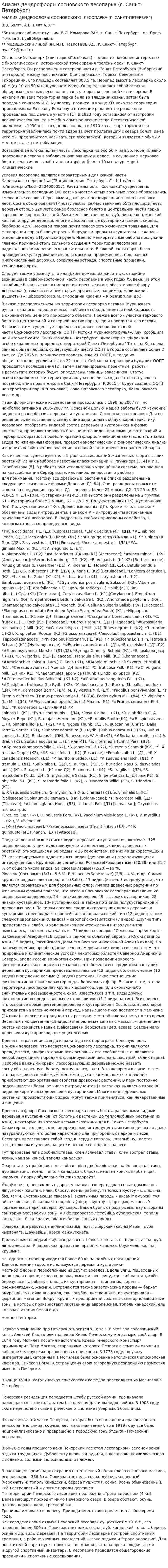 Анализ дендрофлоры сосновского лесопарка (г. Санкт-Петербург)