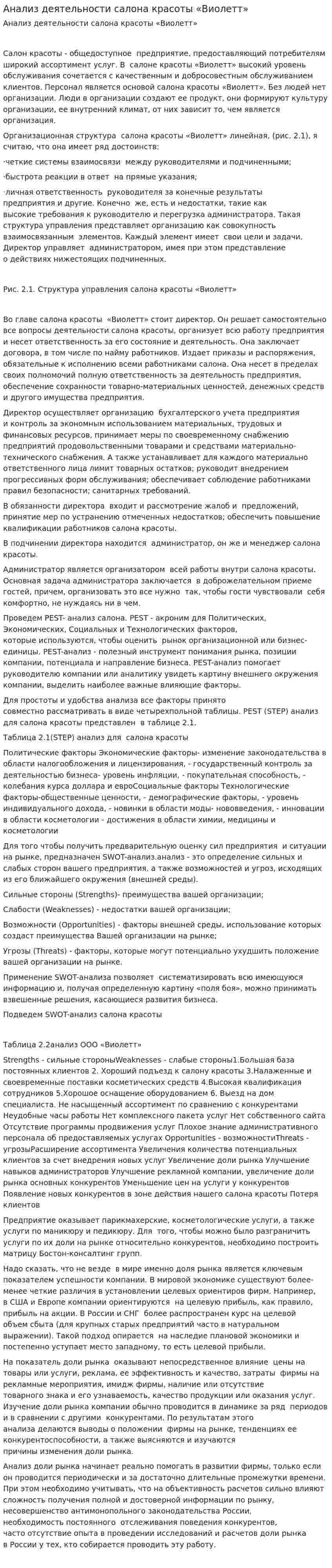 Анализ деятельности салона красоты «Виолетт»