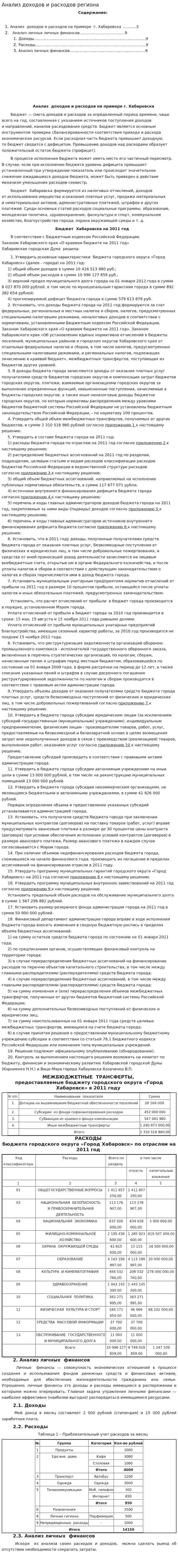 Анализ доходов и расходов региона