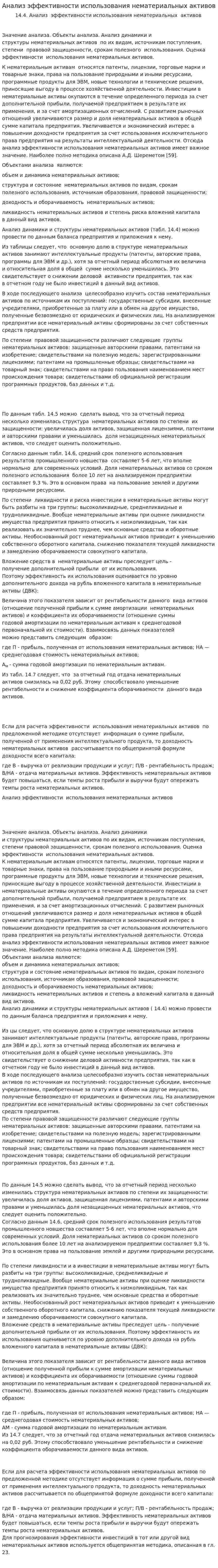Анализ эффективности использования нематериальных активов