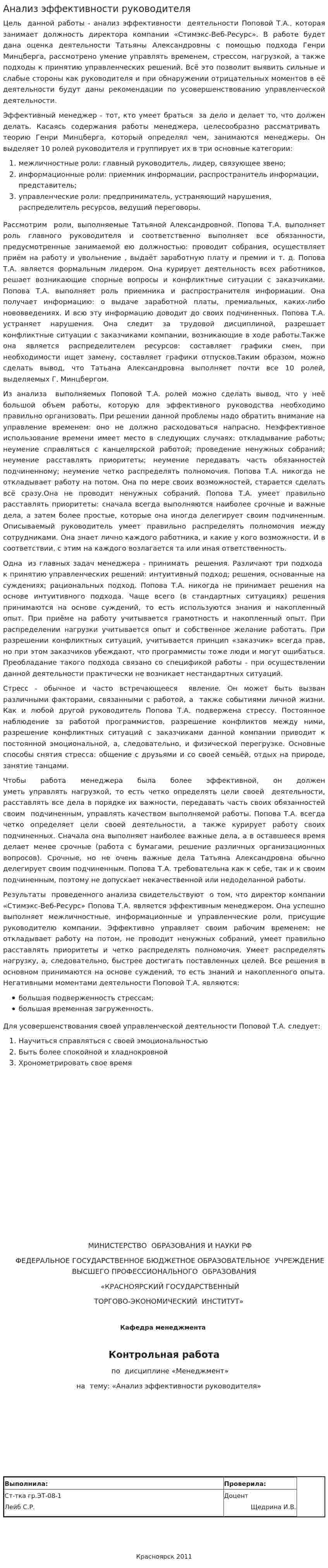 Анализ эффективности руководителя