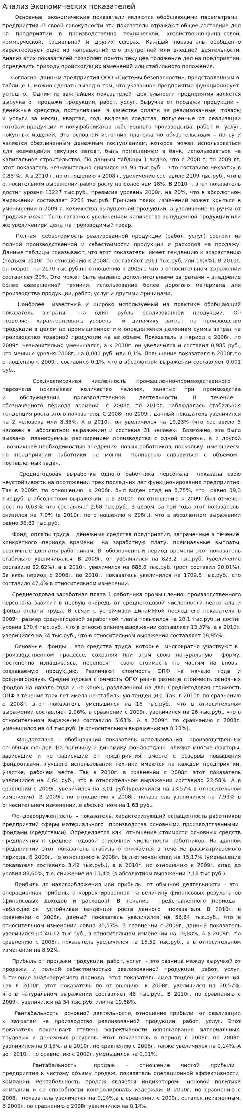 Анализ Экономических показателей