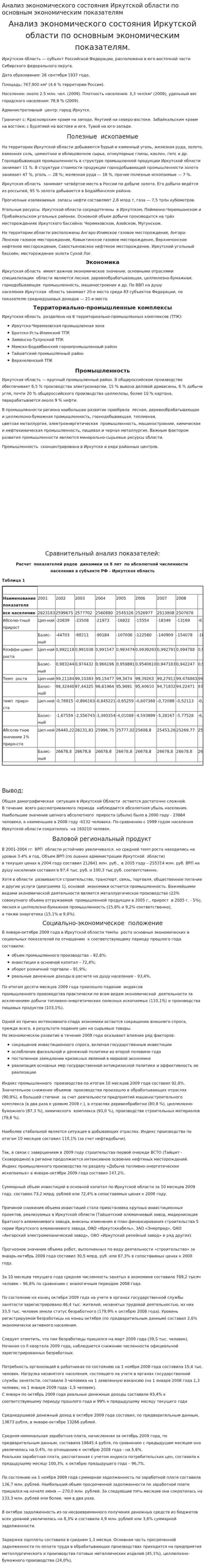 Анализ экономического состояния Иркутской области по основным экономическим показателям