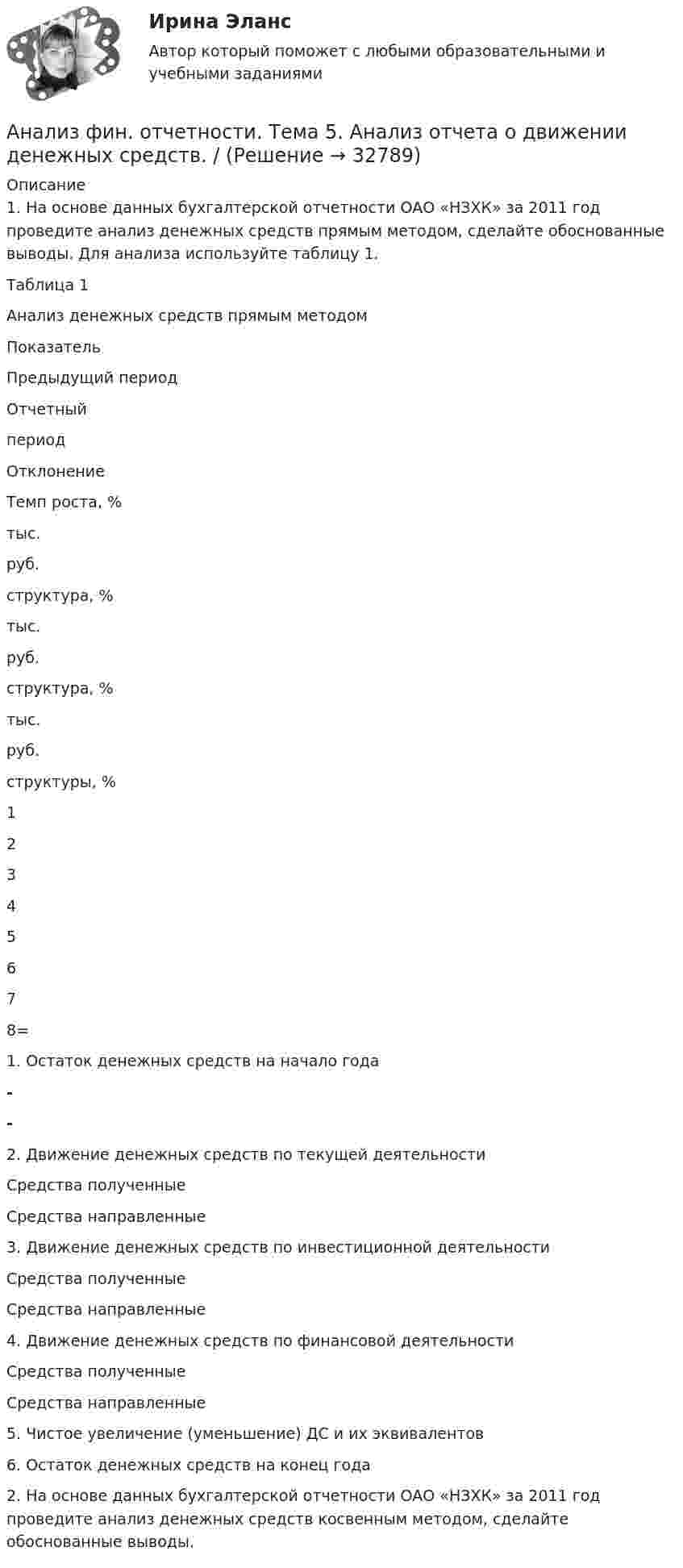      
          Описание
          1.                На основе данных бухгалтерской отчетности ОАО «НЗХК» за 2011 год проведите анализ денежных средств прямым методом, сделайте обоснованные выводы. Для анализа используйте таблицу 1.	Таблица 1	Анализ денежных средств прямым методом  Показатель Предыдущий период Отчетный период Отклонение Темп роста, %   тыс.руб. структура, % тыс.руб. структура, % тыс.руб. структуры, %   1 2 3 4 5 6 7 8=   1. Остаток денежных средств на начало года   -   -         2. Движение денежных средств по текущей деятельности                 Средства полученные          Средства направленные          3. Движение денежных средств по инвестиционной деятельности          Средства полученные          Средства направленные          4. Движение денежных средств по финансовой деятельности          Средства полученные          Средства направленные          5. Чистое увеличение (уменьшение) ДС и их эквивалентов                 6. Остаток денежных средств на конец года               2. На основе данных бухгалтерской отчетности ОАО «НЗХК» за 2011 год проведите анализ денежных средств косвенным методом, сделайте обоснованные выводы.  
            
            
            Анализ фин. отчетности. Тема 4. Анализ отчета об изменениях капитала.Анализ фин. отчетности. Тема 5. Анализ отчета о движении денежных средств. / Анализ фин. отчетности. Тема 6. Анализ пояснений к годовой бухгалтерской ф...Анализ фин. отчетности. Тема 7. Особенности анализа сводной (консолидирова..Анализ фин. отчетности. Тема 8. Раскрытие информации бухгалтерской финансо... / анализ фин.отчетнстиАНАЛИЗ ФОЛЬКЛОРНЫХ ТЕКСТОВАНАЛИЗ ФИНАНСОВО-ЭКОНОМИЧЕСКИХ ПОКАЗАТЕЛЕЙ ДЕЯТЕЛЬНОСТИ ПРЕДПРИЯТИЯ. В2Анализ финансово-экономической деятельности организации (по балансу)анализ финансовый деятельности рр 1 вариант 5 на ЛАнализ финансовых рисков Анализ финансовых рисков ПАО «X5 Retail Group»Анализ фин. отчетности. Тема 1. Аналитические возможности финансовой отчет...Анализ фин. отчетности. Тема 2. Анализ бухгалтерского баланса. 