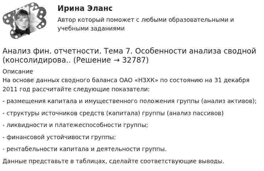      
          Описание
          	На основе данных сводного баланса ОАО «НЗХК» по состоянию на 31 декабря 2011 год рассчитайте следующие показатели:	- размещения капитала и имущественного положения группы (анализ активов);	- структуры источников средств (капитала) группы (анализ пассивов)	- ликвидности и платежеспособности группы;	- финансовой устойчивости группы;	- рентабельности капитала и деятельности группы.	Данные представьте в таблицах, сделайте соответствующие выводы.  
            
            
            Анализ фин. отчетности. Тема 6. Анализ пояснений к годовой бухгалтерской ф...Анализ фин. отчетности. Тема 7. Особенности анализа сводной (консолидирова..Анализ фин. отчетности. Тема 8. Раскрытие информации бухгалтерской финансо... / анализ фин.отчетнстиАНАЛИЗ ФОЛЬКЛОРНЫХ ТЕКСТОВАнализ формирования бюджетной отчётностианализ хоз. деятельности. вариант 3анализ финансовый деятельности рр 1 вариант 5 на ЛАнализ финансовых рисков Анализ финансовых рисков ПАО «X5 Retail Group»Анализ фин. отчетности. Тема 1. Аналитические возможности финансовой отчет...Анализ фин. отчетности. Тема 2. Анализ бухгалтерского баланса. Анализ фин. отчетности. Тема 3. Анализ отчета о прибылях и убытках. Анализ фин. отчетности. Тема 4. Анализ отчета об изменениях капитала.
